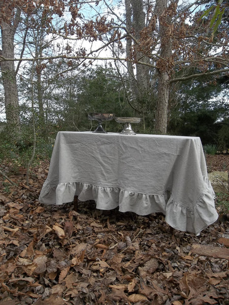 Ruffled Linen Tablecloth - Handmade Ruffled Tablecloth - Natural Linen Tablecloth -70x70 Table Cloth - French Prairie Tablecloth 70" Square