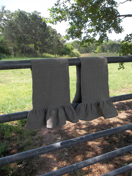 Pair Ruffled Linen Towels - Custom Fabrics - Ruffled Tea Towels - Custom Bath Decor - Linen Spa Towels -