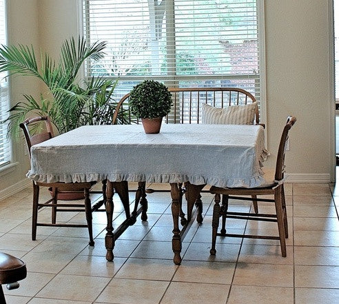 Slipcover Style Linen Tablecloth - Ruffled Tablecloth - Fitted Tablecloth - Table Slipcover - Custom  Linen Tablecloth - French Prairie Style Tablecloth